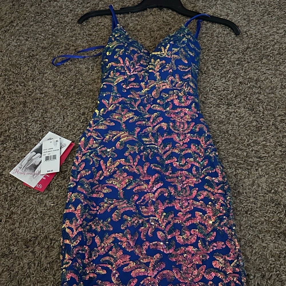 Honey and Rosie Blue Bodycon Prom Dress with Spaghetti Straps and V-Neck